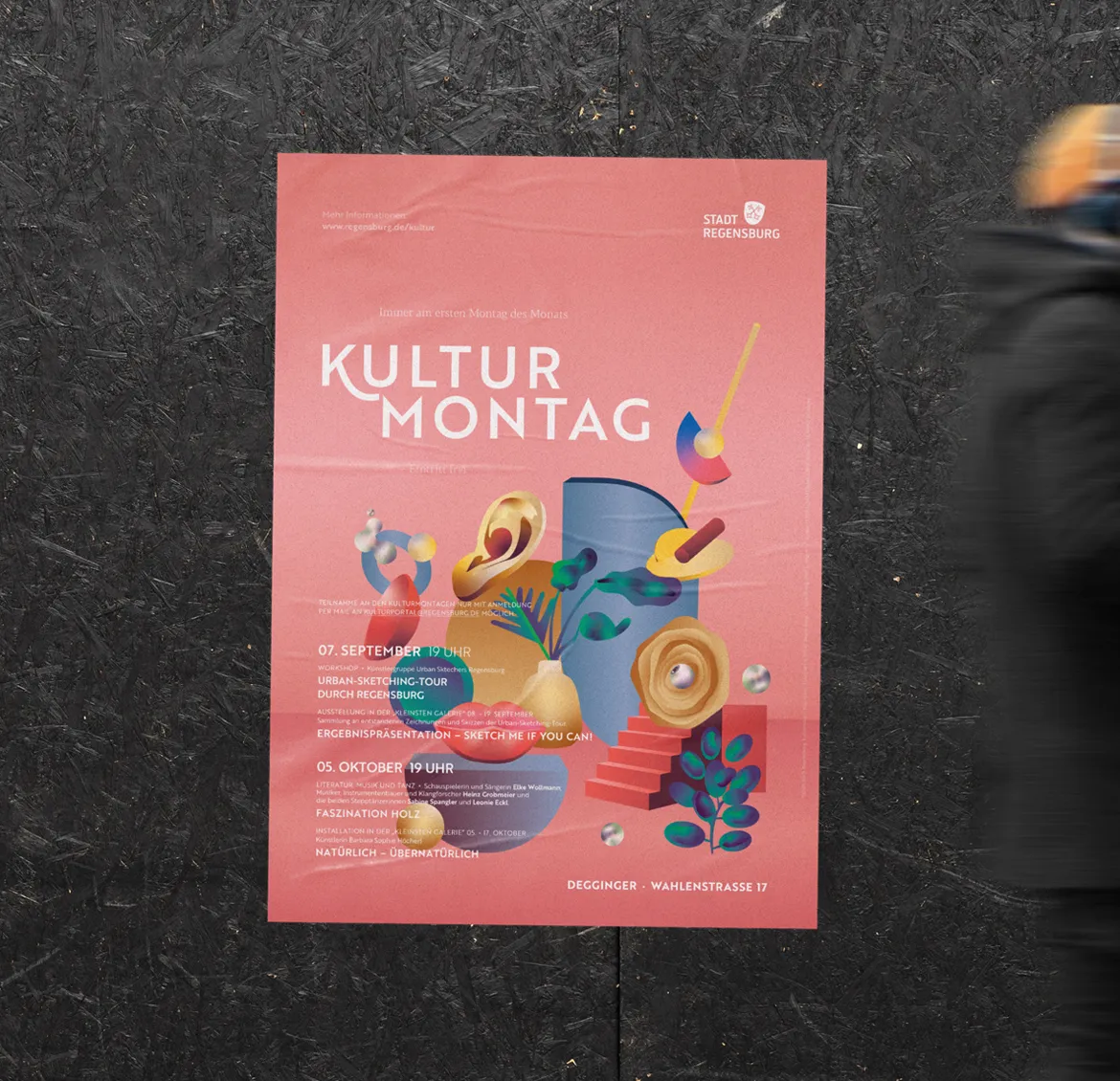Plakat mit Stillleben für den Kulturmontag Regensburg. Für unseren Kunden die Stadt Regensburg haben wir die Illustrationen und die Print Kampagne des Kulturmontags übernommen.